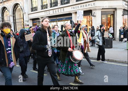 Regent street, London, UK, 21 January 2023: Trans right march through Regent Street, Fight for Section 35. Protest the UK government's attempt to block the Scottish GRA reform and stand in solidarity with this disgusting attack on trans people. Credit: See Li/Picture Capital/Alamy Live News Stock Photo