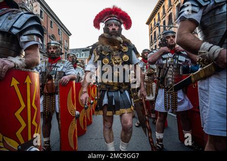 Madrid, Spain. 21st Jan, 2023. Roman legionnaires are seen during a parade through the center of Madrid as part of a sample of 'Arde Lucus', a historical recreation festival that takes place every year in Lugo, Galicia, and that is part of the events of FITUR (International Tourism Fair) that is being held these days in Madrid. Credit: Marcos del Mazo/Alamy Live News Stock Photo