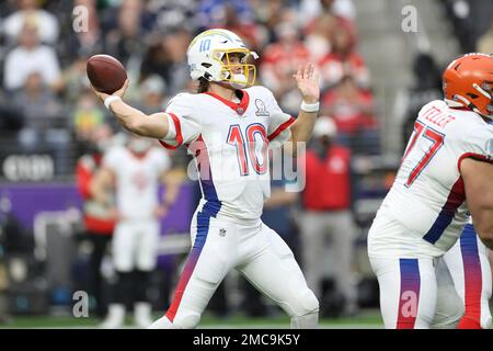 February 4, 2022: Los Angeles Chargers quarterback Justin Herbert (10)  during the AFC Pro Bowl Practice at Las Vegas Ballpark in Las Vegas,  Nevada. Darren Lee/(Photo by Darren Lee/CSM/Sipa USA Stock Photo 