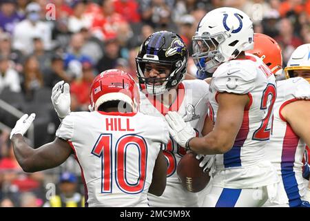 AFC tight end Mark Andrews, of the Baltimore Ravens, (89) scores a  touchdown, during the first …