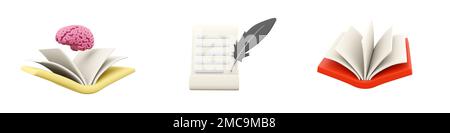 3d render brain on folder, book on black background, open book icon set ...
