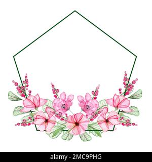 Pink Flowers Frame. Watercolor Hand Drawn Composition. Valentine's Day Concept. Stock Photo