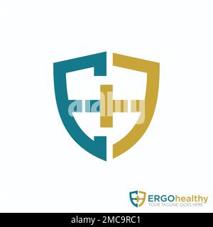 Letter EH or EF with plus or cross logo in shield or guard image graphic icon logo design abstract concept vector stock health or initial Stock Vector