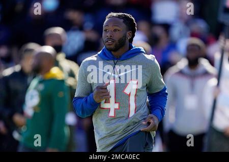 NFC running back Alvin Kamara of the New Orleans Saints runs with the ball  during Pro Bowl NFL football practice, Thursday, February 3, 2022, in Las  Vegas. (Gregory Payan/AP Images for NFL