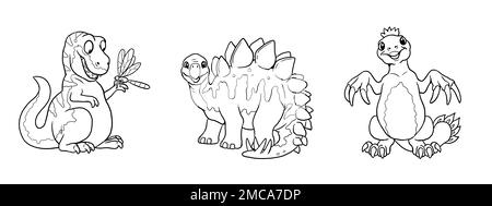 Cute dinosaurs T-rex, stegosaurus and therizinosaurus for coloring. Template for a coloring book with funny dinosaur. Coloring template for kids. Stock Photo