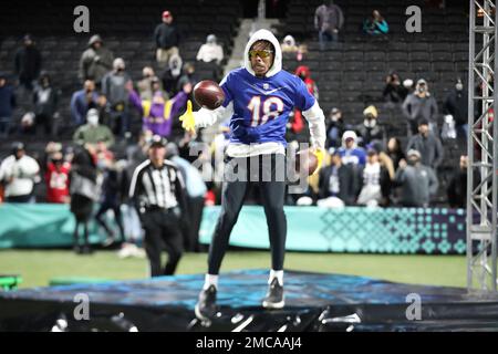 February 5, 2022: Minnesota Vikings wide receiver Justin Jefferson (18)  throwing a pass during the NFC Pro Bowl Practice at Las Vegas Ballpark in  Las Vegas, Nevada. Darren Lee/(Photo by Darren Lee/CSM/Sipa