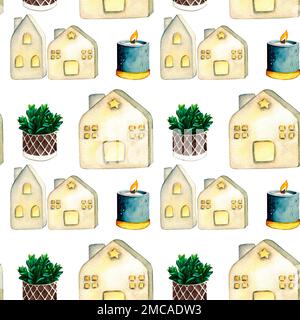 Pattern. Wax candlt, ceramic houses lanterns, home plant. Watercolor illustration interior of living room. Clipart. Home decor elements on a white Stock Photo