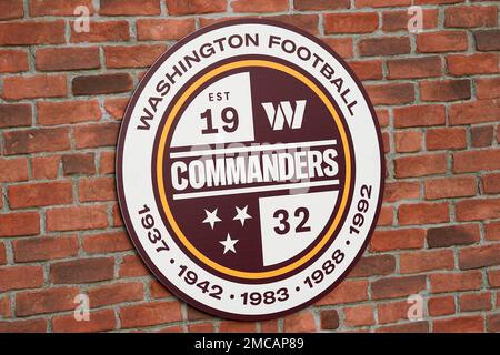 Washington Commanders jerseys are displayed at an event to unveil the NFL  football team's new identity, Wednesday, Feb. 2, 2022, in Landover, Md. The  new name comes 18 months after the once-storied