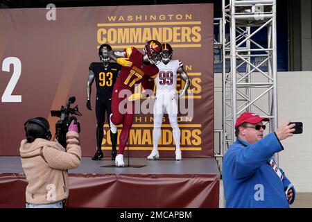 A Washington Commanders logo is displayed at an event to unveil the NFL  football team's new identity, Wednesday, Feb. 2, 2022, in Landover, Md. The  new name comes 18 months after the