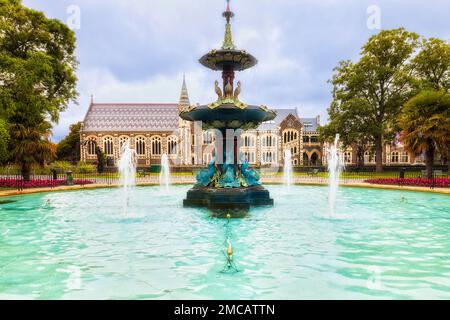 Spectacular fountain in public park of Christchurch city of New Zealand. Stock Photo