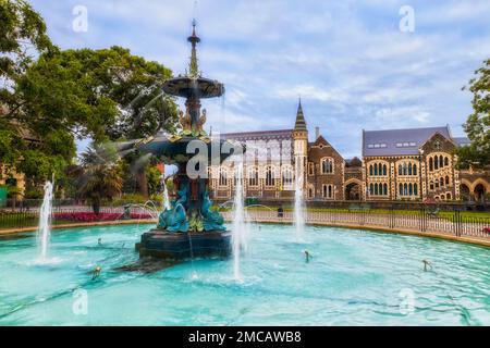 Public park in Christchurch city of New Zealand around spectacular Peacock fountain. Stock Photo