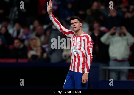 Madrid, Spanien. 21st Jan, 2023. Madrid Spain; 01.21.2023.- Atletico de Madrid vs Real Valladolid Spanish La Liga football match held at the Civitas Metropolitano stadium in the capital of the Kingdom of Spain. Final score 3-0 goals scored by Morata, Griezmann and Hermoso. Credit: Juan Carlos Rojas/dpa/Alamy Live News Stock Photo