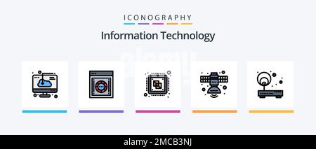 Information Technology Line Filled 5 Icon Pack Including network. lan. safety. area. processing. Creative Icons Design Stock Vector