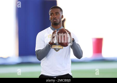 Alcorn State quarterback Felix Harper works position drills at the NFL HBCU  Combine at the University of South Alabama in Mobile, Ala. on Saturday,  Jan. 29, 2022. (Dan Anderson/AP Images for NFL