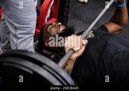 Delaware State wide receiver Trey Gross runs the 40 yard dash at the NFL HBCU  Combine at the University of South Alabama in Mobile, Ala. on Saturday,  Jan. 29, 2022. (Dan Anderson/AP