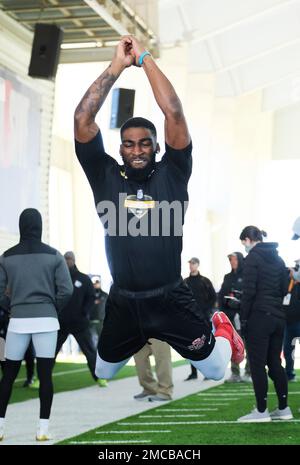 Delaware State wide receiver Trey Gross runs the 40 yard dash at the NFL HBCU  Combine at the University of South Alabama in Mobile, Ala. on Saturday,  Jan. 29, 2022. (Dan Anderson/AP