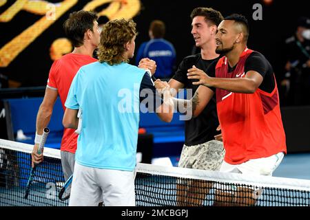 Max Purcell, left, and Matthew Ebden, right, of Australia, raise the ...