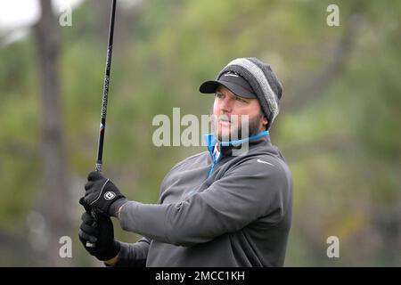 Former professional baseball player AJ Pierzynski watches his tee shot on  the 11th hole during the final round of the Tournament of Champions LPGA  golf tournament, Sunday, Jan. 23, 2022, in Orlando