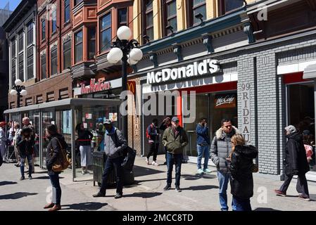 Ottawa, Canada - April 28, 2019: The McDonald's on Rideau St in downtown Ottawa has long been notorious for a high number of incidents that caused the police to visit the site.  The owner recently changed the hours from open 24 hours to being open from 6 am to 10 pm after an open letter from the police chief. Stock Photo