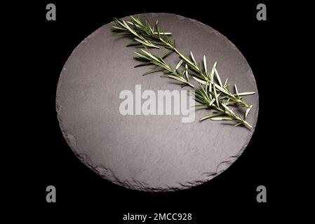 Fresh rosemary twigs on a black slate plate. Dark background. Stock Photo