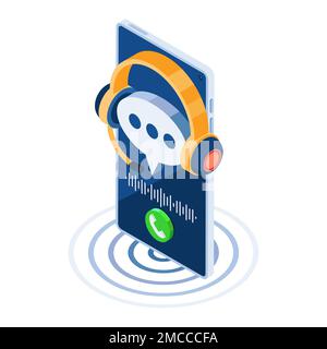 Flat 3d Isometric Speech Bubble with Headset on Smartphone. Customer Support Concept. Stock Vector