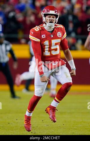 Kansas City Chiefs quarterback Patrick Mahomes looks to pass during the  first half of an NFL football game against the Buffalo Bills Sunday, Oct.  10, 2021, in Kansas City, Mo. (AP Photo/Charlie