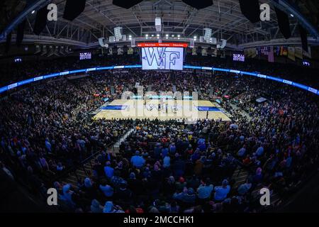 Winston-Salem, NC, USA. 21st Jan, 2023. overview of the tipoff between the Wake Forest Demon Deacons and the Virginia Cavaliers during the ACC Basketball matchup at LJVM Coliseum in Winston-Salem, NC. (Scott Kinser/Cal Sport Media). Credit: csm/Alamy Live News Stock Photo