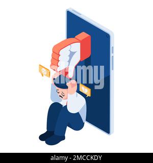 Flat 3d Isometric Isometric Businessman with Negative Criticism on Social Media. Cyberbullying and Negative Criticism Concept. Stock Vector