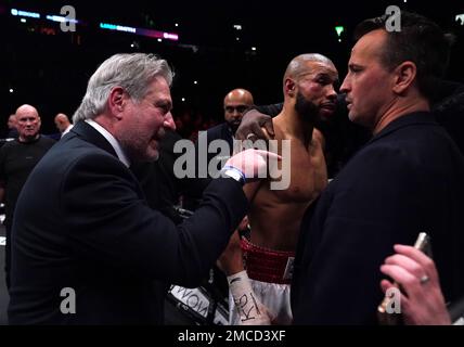 Robert Smith, secretary general of the British Boxing Board of Control, orders Chris Eubank Jr back to the changing rooms following defeat at the AO Arena, Manchester. Picture date: Saturday January 21, 2023. Stock Photo