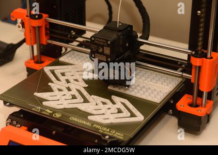 A 3D printer at The Forge, Space Launch Delta 45’s innovation hub at Patrick Space Force Base, Fla., uses a polylactic acid filament to produce decals and other items, June 29, 2022. The Forge has three 3D printers it uses to create a variety of items needed to support the space launch mission. Engineer,INNOVATION,Patrick Space Force Base,Project Arc,Space Force,The Forge, Stock Photo