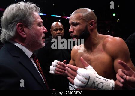 Robert Smith, secretary general of the British Boxing Board of Control, orders Chris Eubank Jr back to the changing rooms following defeat at the AO Arena, Manchester. Picture date: Saturday January 21, 2023. Stock Photo