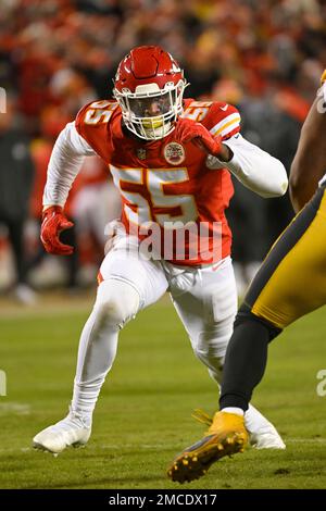 Kansas City Chiefs defensive end Frank Clark (55) rushes during a play  during an NFL football