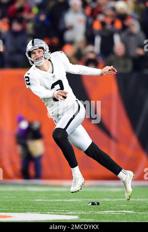 Las Vegas Raiders kicker Daniel Carlson (2) on the field during warm-ups  before the start of an NFL football game against the Los Angeles Chargers,  Sunday, September 11, 2022 in Inglewood, Calif.