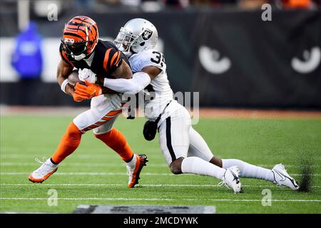 Las Vegas Raiders cornerback Brandon Facyson (35) wears a JM sticker on his  helmet in honor of John Madden before an NFL football game against the  Indianapolis Colts, Sunday, Jan. 2, 2022