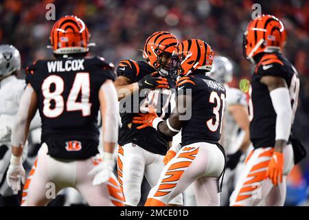 Cincinnati Bengals linebacker Keandre Jones (47) celebrates with defensive  tackle Zachary Carter (95) during a preseason