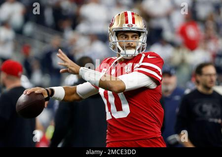 San Francisco 49ers quarterback Jimmy Garoppolo (10) chats with FOX  broadcaster Terry Bradshaw following the NFL football NFC Championship game,  Sunday, Jan. 19, 2020, in Santa Clara, Calif. The 49ers defeated the