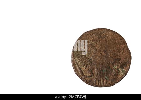 Close-up view of reverse side of old Russian coin with double-headed eagle from 1750. Numismatic concept. Sweden. Stock Photo