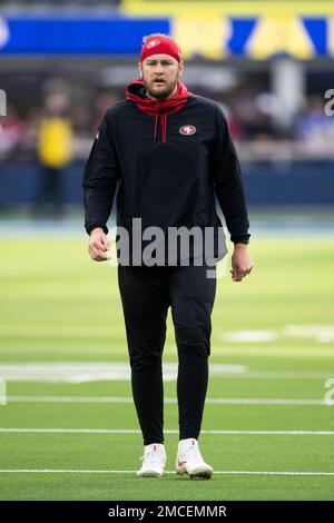 San Francisco 49ers long snapper Taybor Pepper (46) stands on the field  with punter Mitch Wishnowsky (18) before an NFL football game against the  Tampa Bay Buccaneers, Sunday, Dec.11, 2022, in Santa