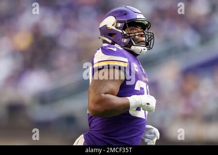 Minnesota Vikings fullback C.J. Ham (30) celebrates after his touchdown  with offensive tackle Brian O'Neill, right, in the second half of an NFL  football game against the Buffalo Bills, Sunday, Nov. 13