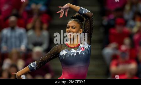 Utah gymnast Jaedyn Rucker performs her floor routine during an NCAA ...