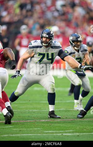 Seattle Seahawks offensive tackle Jake Curhan (74) during an NFL Preseason  football game against the Chicago