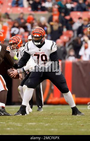 Cincinnati Bengals guard Jackson Carman (79) looks to make a block during  an NFL football game against the Cleveland Browns, Sunday, Jan. 9, 2022, in  Cleveland. (AP Photo/Kirk Irwin Stock Photo - Alamy