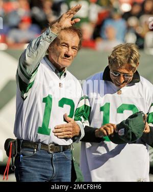 The inaugural class of the New York Jets Ring of Honor, from left, owner  Woody Johnson, Winston Hill, Joe Klecko, Curtis Martin, Don Maynard, Joe  Namath, a family member representing Weeb Ewbank