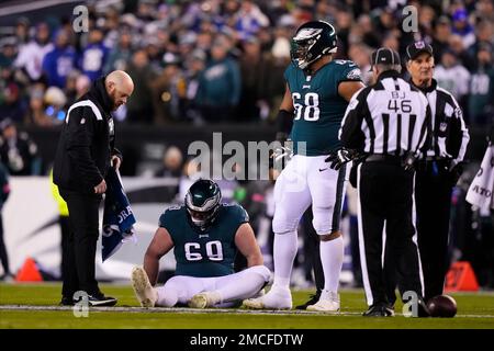 Philadelphia Eagles guard Landon Dickerson (69) walks off the field after  an NFL football game against the New York Giants, Sunday, Nov. 28, 2021, in  East Rutherford, N.J. (AP Photo/Adam Hunger Stock