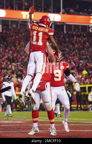 Kansas City Chiefs center Creed Humphrey talks to teammates on the bench  during the second half of an NFL football game against the Los Angeles  Rams, Sunday, Nov. 27, 2022 in Kansas