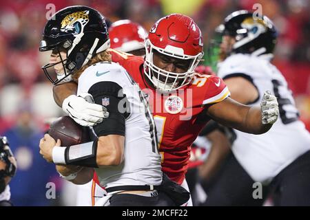 January 7, 2023: Tennessee Titans quarterback Joshua Dobbs (11) is sacked  by Jacksonville Jaguars defensive end Roy Robertson-Harris (95) during a  game in Jacksonville, FL. Romeo T Guzman/CSM/Sipa USA.(Credit Image: © Romeo