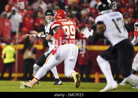 Kansas City, United States. 21st Jan, 2023. Jacksonville Jaguars quarterback Trevor Lawrence (16) throws against the Jacksonville Jaguars in the second half of the AFC Divisional playoff game at Arrowhead Stadium in Kansas City, Missouri on Saturday, January 21, 2023. Photo by Kyle Rivas/UPI Credit: UPI/Alamy Live News Stock Photo