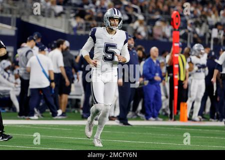 Dallas Cowboys punter Bryan Anger kicks a punt in the second half of an NFL  football game against the Washington Commanders, Sunday, Jan. 8, 2023, in  Landover, Md. (AP Photo/Patrick Semansky Stock