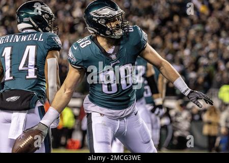 Philadelphia Eagles tight end Dallas Goedert (88) has his jersey ripped  during the second half of an NFL football game against the Los Angeles  Chargers on Sunday, Nov. 7, 2021, in Philadelphia. (