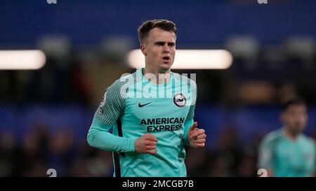 Brighton's Solly March goes to take a corner kick during the English Premier League soccer match between Chelsea and Brighton and Hove Albion at Stamford Bridge in London, Wednesday, Dec. 29, 2021. (AP Photo/Alastair Grant)